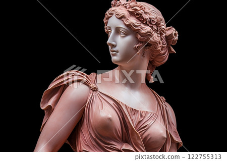 A graceful female marble sculpture, dressed in attire, standing out against a bold black backdrop. Created with generative AI tools 122755313