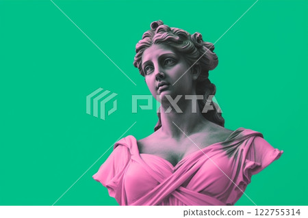An elegant female sculpture in a flowing gown against a solid green background. Created with generative AI tools 122755314