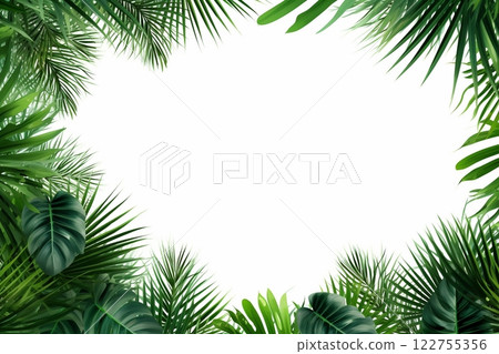 A copyspace with a frame of lush green tropical leaves set against a clean white background. Created with generative AI tools 122755356