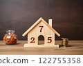 Atop the table, a miniature wooden house stands as a poignant symbol of homeownership, construction projects, and the world of mortgages. Created with generative AI tools 122755358