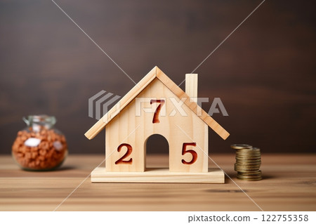 Atop the table, a miniature wooden house stands as a poignant symbol of homeownership, construction projects, and the world of mortgages. Created with generative AI tools 122755358