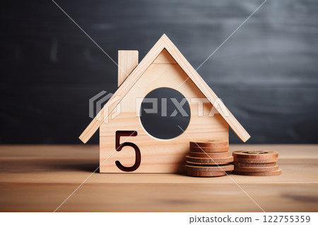 On the tabletop, a small wooden house acts as a symbol, encapsulating the ideas of homeownership, construction, and the financial implications tied to mortgages. Created with generative AI tools 122755359