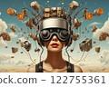 A person sports an extensive headset made up of different electronic contraptions. Created with generative AI tools 122755361