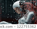 The mechanical entity sports a head akin to a human's, unveiling exposed circuitry beneath the surface. Created with generative AI tools 122755362