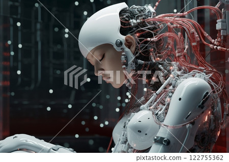 The mechanical entity sports a head akin to a human's, unveiling exposed circuitry beneath the surface. Created with generative AI tools 122755362