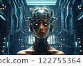 A robot featuring a human-like head, with the visage revealing underlying circuitry. Created with generative AI tools 122755364