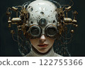 An individual is pictured wearing a substantial headpiece assembled from a variety of electronic components. Created with generative AI tools 122755366