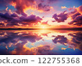 A picturesque sunset unfolds above the calm lake, where the sky is adorned with pink and purple clouds, and the horizon exudes a sense of serenity. Created with generative AI tools 122755368