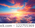 The sky is transformed into a magnificent canvas as the sun sets, bathing the clouds in a dazzling array of colors a truly remarkable and vivid sunset landscape. Created with generative AI tools 122755369