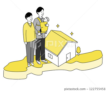 Map of Okinawa prefecture and young family and house illustration, vector 122755458