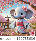 A light blue elephant wearing a kimono under a cherry blossom 122755636