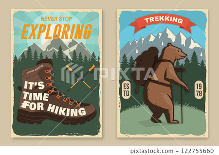Set of hiking outdoor adventure flyer, poster, banner with hiker bear with backpack, mountain, hiking poles, hiking boot and pine cone. Vector. Set of hiking outdoor adventure flyer, poster, banner with hiker bear with backpack, mountain, hiking poles, hiking boot and pine cone. Vector. 122755660