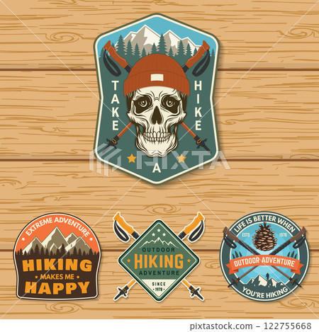 Set of hiking outdoor adventure emblems, patch. Hiking related typographic quote. Design with hiking boot, pine cone, mountains. 122755668