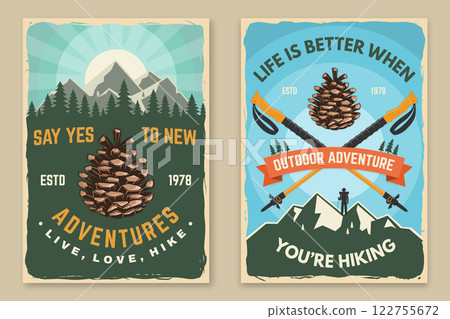 Set of hiking outdoor adventure flyer, poster, banner with mountain, hiking poles, pine cone. Vector. Set of hiking outdoor adventure flyer, poster, banner with mountain, hiking poles, pine cone. Vector. 122755672