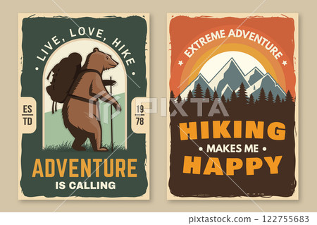 Set of hiking outdoor adventure flyer, poster, banner with hiker bear with backpack, mountain, hiking poles and pine cone. Vector. Set of hiking outdoor adventure flyer, poster, banner with hiker bear with backpack, mountain, hiking poles and pine cone. Vector. 122755683
