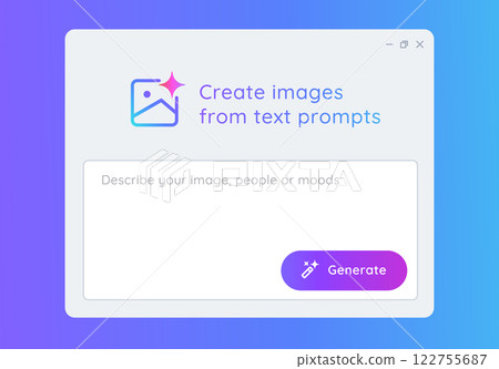 Generative AI generate create image photo with artificial intelligence user interface application bright gradient create graphic art from text prompt button form Generative AI generate create image photo with artificial intelligence user interface application bright gradient create graphic art from text prompt button form 122755687