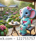 A light blue elephant wearing a kimono relaxing while looking at a Japanese-style garden 122755757