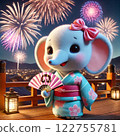 Light blue elephant wearing a kimono watching fireworks 122755781