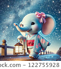 A light blue elephant wearing a kimono taking a walk while looking at the beautiful starry sky 122755928