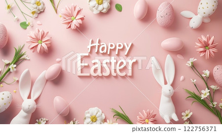 trendy Easter design with typography, bunnies, flowers, eggs, bunny ears, in pastel colors trendy Easter design with typography, bunnies, flowers, eggs, bunny ears, in pastel colors 122756371