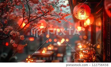 Experience an Enchanting Evening at a Beautiful LanternLit Restaurant Surrounded by Blooming Blossom Trees 122756438