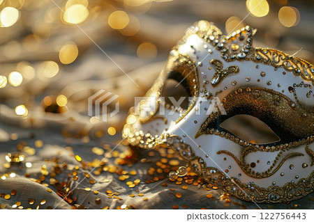 mardi gras holiday golden mask, bokeh lights background 122756443