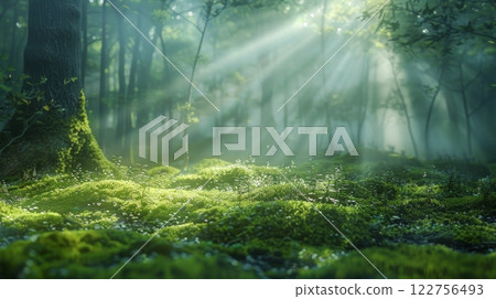 serene morning in a moss-covered forest, vibrant green moss 122756493