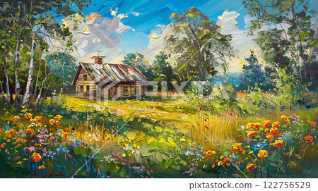 Charming and picturesque countryside landscape featuring vibrant wildflowers along with a rustic, cozy cabin Charming and picturesque countryside landscape featuring vibrant wildflowers along with a rustic, cozy cabin 122756529