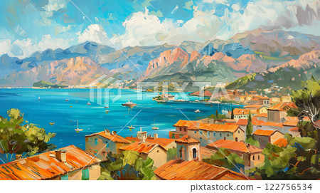 A Serene and Picturesque Coastal Village Nestled Between Majestic Mountains and Surrounded by Crystal Clear Waters 122756534