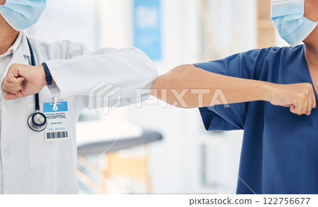 Doctor and nurse greeting with elbow to stop covid spread in a hospital while collaboration, thank you or welcome. Healthcare teamwork, support and support in a medical facility with mask for safety Doctor and nurse greeting with elbow to stop covid spread in a hospital while collaboration, thank you or welcome. Healthcare teamwork, support and support in a medical facility with mask for safety 122756677