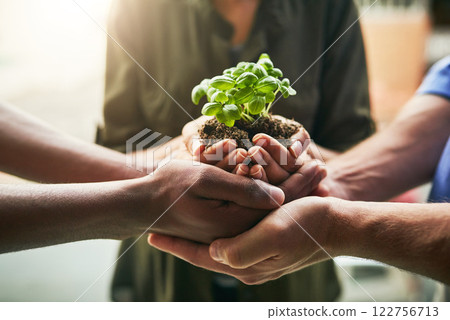 Planet, earth and with teamwork our nature environment, green energy and sustainability in a clean community. Global, natural growth and be eco friendly together and reduce carbon footprint to plant 122756713
