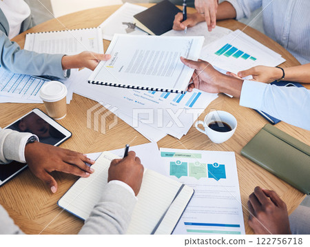 Teamwork hands, data planning and research paperwork in business meeting, graph analytics and strategy report. Closeup, above and group office worker collaboration, progress documents and stats chart 122756718