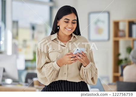 Business woman, phone and digital marketing for social media, internet strategy and networking with customers. Smile, happy and success employee and creative worker with mobile kpi planning schedule 122756759