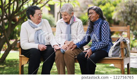 Outdoor, group and bench with senior women, love and bonding together with retirement, park and cheerful. Old ladies, outside and mature people with humor, friends and laughing with weekend break 122756765