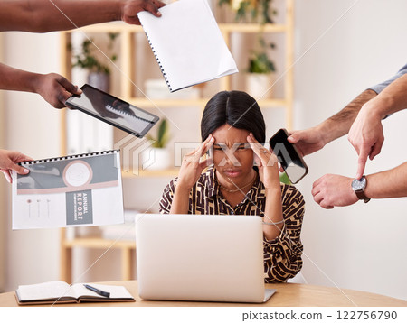 Woman business manager suffering of burnout, anxiety and stress at work in a corporate office by the team. Black professional marketing leader with headache tired or worried with work while depressed 122756790