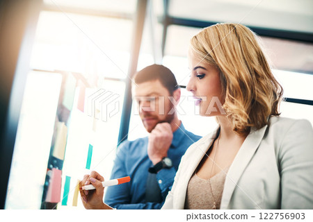 Serious, creative professional businesswoman writing on strategy planning sticky notes presentation board. Modern manager working together with formal employees on marketing growth ideas together Serious, creative professional businesswoman writing on strategy planning sticky notes presentation board. Modern manager working together with formal employees on marketing growth ideas together 122756903