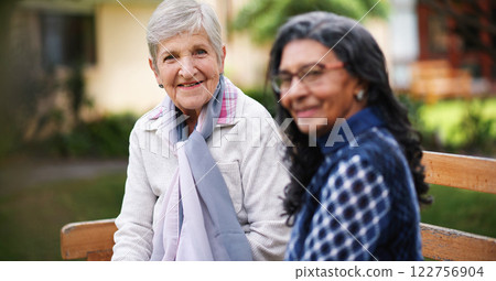 Portrait, smile and bench with senior women, love and bonding together with retirement, park and friends. Old ladies, outdoor and mature people with experience, happiness and joy with weekend break 122756904