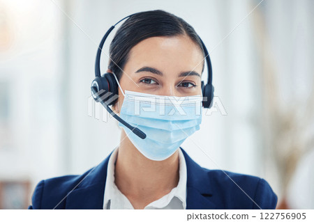 Call center, support or covid help worker with mask for safety and corona protection at work. CRM business telemarketing or customer service consultant consulting on covid 19 contact us question Call center, support or covid help worker with mask for safety and corona protection at work. CRM business telemarketing or customer service consultant consulting on covid 19 contact us question 122756905