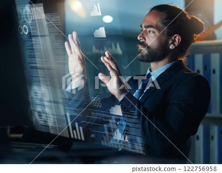 Hologram and tech data of a business man with ai and metaverse information on futuristic technology. Crypto coding of a software developer working on data science, big data and web logistics to code 122756958