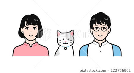 一對年輕夫婦和一隻貓的簡單向量插圖集 122756961