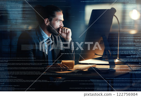 Big data, tech coding of a fintech programmer writing futuristic technology code on computer at night. AI engineer, cloud computing and ux design of software developer checking information database Big data, tech coding of a fintech programmer writing futuristic technology code on computer at night. AI engineer, cloud computing and ux design of software developer checking information database 122756984