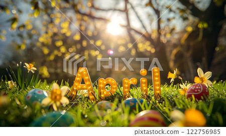 Yellow wooden letters spelling april surrounded by colorful easter eggs and daffodils 122756985