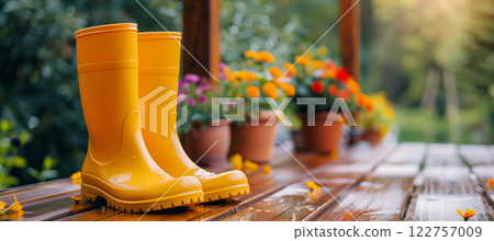 Bright yellow rain boots on wooden deck amidst floral background for fall cleaning service 122757009