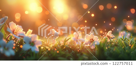 Ethereal small white flowers in grass with sun rays and bokeh effect 122757011