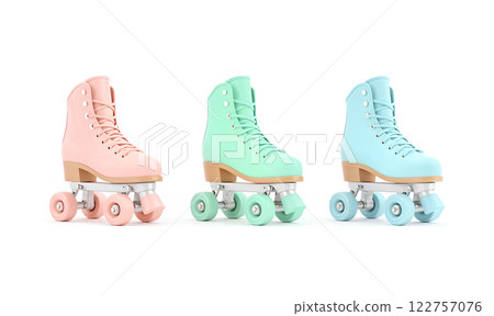 Blank colored roller skates with wheels mockup, half-turned view. 122757076