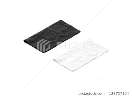Blank black and white folded soft beach towel mockup. Clear wrapped wiper mock up laying on the floor. Shaggy fur bath textured jack-towel side view. Domestic cloth kitchen template 122757104