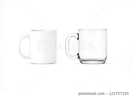 Blank ceramic and glass 11oz mug with handle mockup stand. 122757105