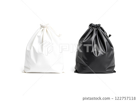 Blank black and white cellophane plastic t shirt bag mock up, 3d rendering. Empty plastic package mockup, isolated. Product food packet template 122757118