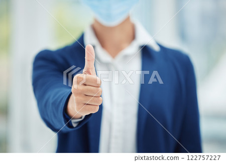 Covid, face mask and thumbs up business person in agreement with social distance proposal policy. Health safety regulation support and good news for corporate company virus protection at work. Covid, face mask and thumbs up business person in agreement with social distance proposal policy. Health safety regulation support and good news for corporate company virus protection at work. 122757227