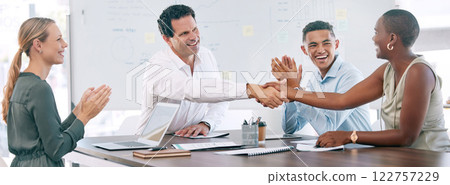 Deal, handshake and celebration for success in business meeting, partnership and business collaboration. Creative management team welcome b2b teamwork and cooperation in company or agency from CEO 122757229